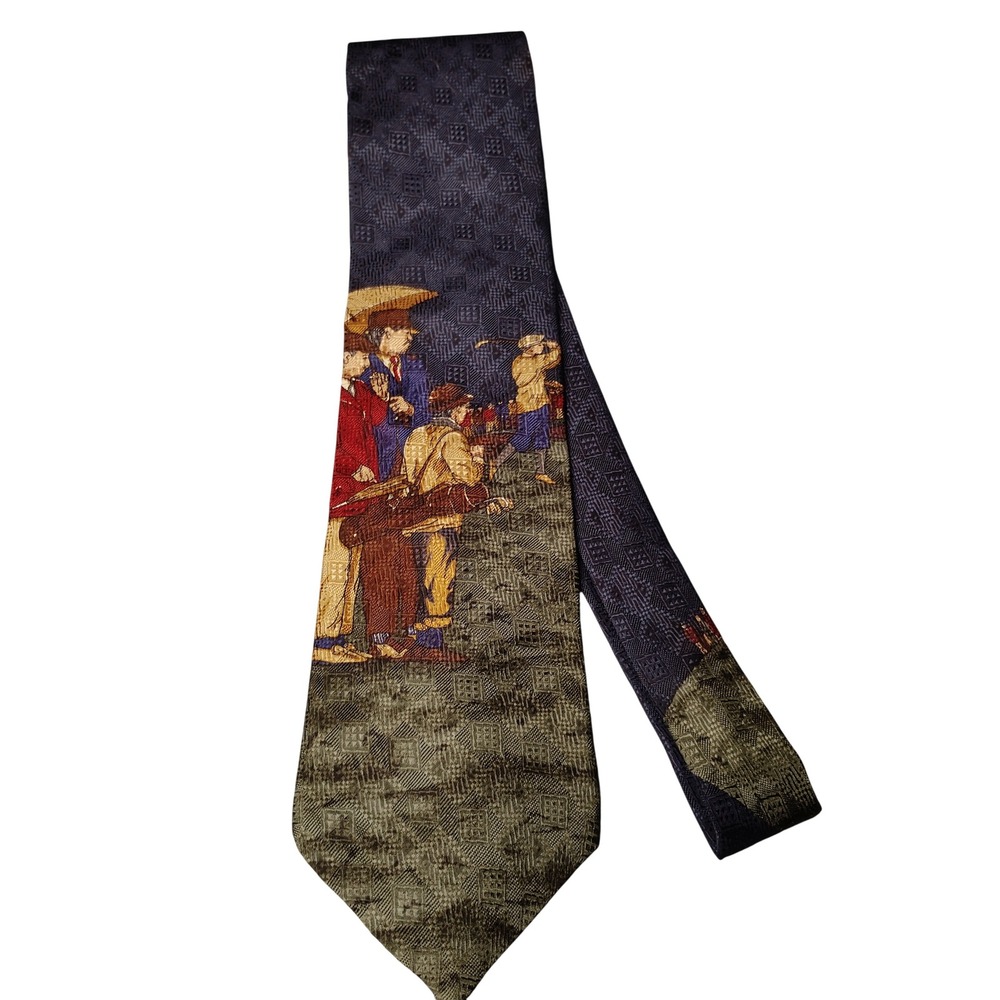 Hathaway Golf Silk Tie Navy Blue Woven Spectator Scene Made in USA Mens Necktie